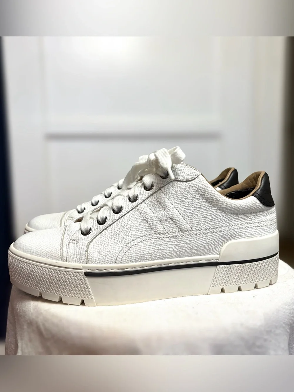 Hermes Voltage Leather Platform H sneakers, wht/blk, H embossed sole, 36(larger)
